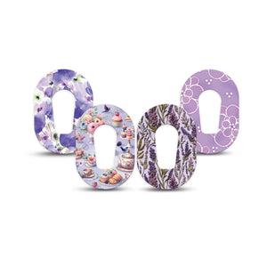 ExpressionMed Garden Party Dexcom G6 Mini, 4-Pack Tape Whimsical purple prints Waterproof Sensor Cover for Continuous Glucose Monitor