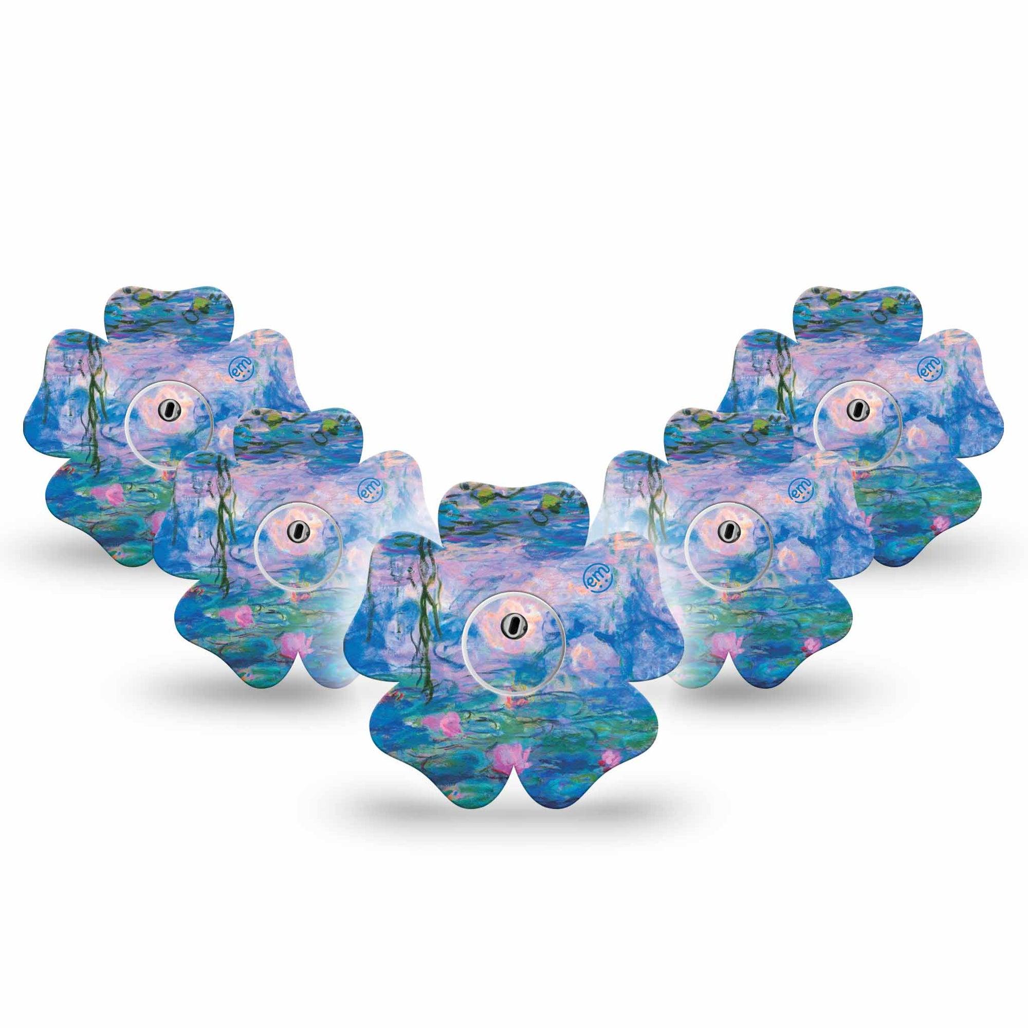 ExpressionMed Monet Water Lilies Freestyle Libre 3 and Libre 3 Plus Flower Shape Tape 5-Pack Tape and 5-Pack Sticker Monet Garden, Plaster CGM Design