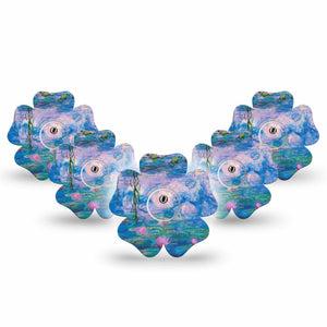 ExpressionMed Monet Water Lilies Freestyle Libre 3 and Libre 3 Plus Flower Shape Tape 5-Pack Tape and 5-Pack Sticker Monet Garden, Plaster CGM Design