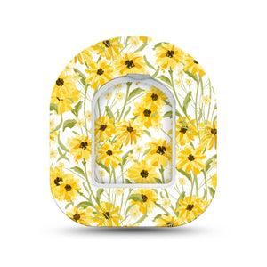 ExpressionMed Yellow Mosaic Floral Omnipod Surface Center Sticker and Mini Tape  Cute Sunflower Field, Vinyl Sticker and Tape Design Pump Design