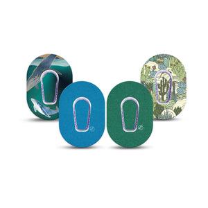 ExpressionMed Seaside Pines Variety Pack Dexcom G6 Mini Tape, 4-Pack Tape and 4-Pack Stickers Variety Nature Blues and Greens, Adhesive Tape CGM Design