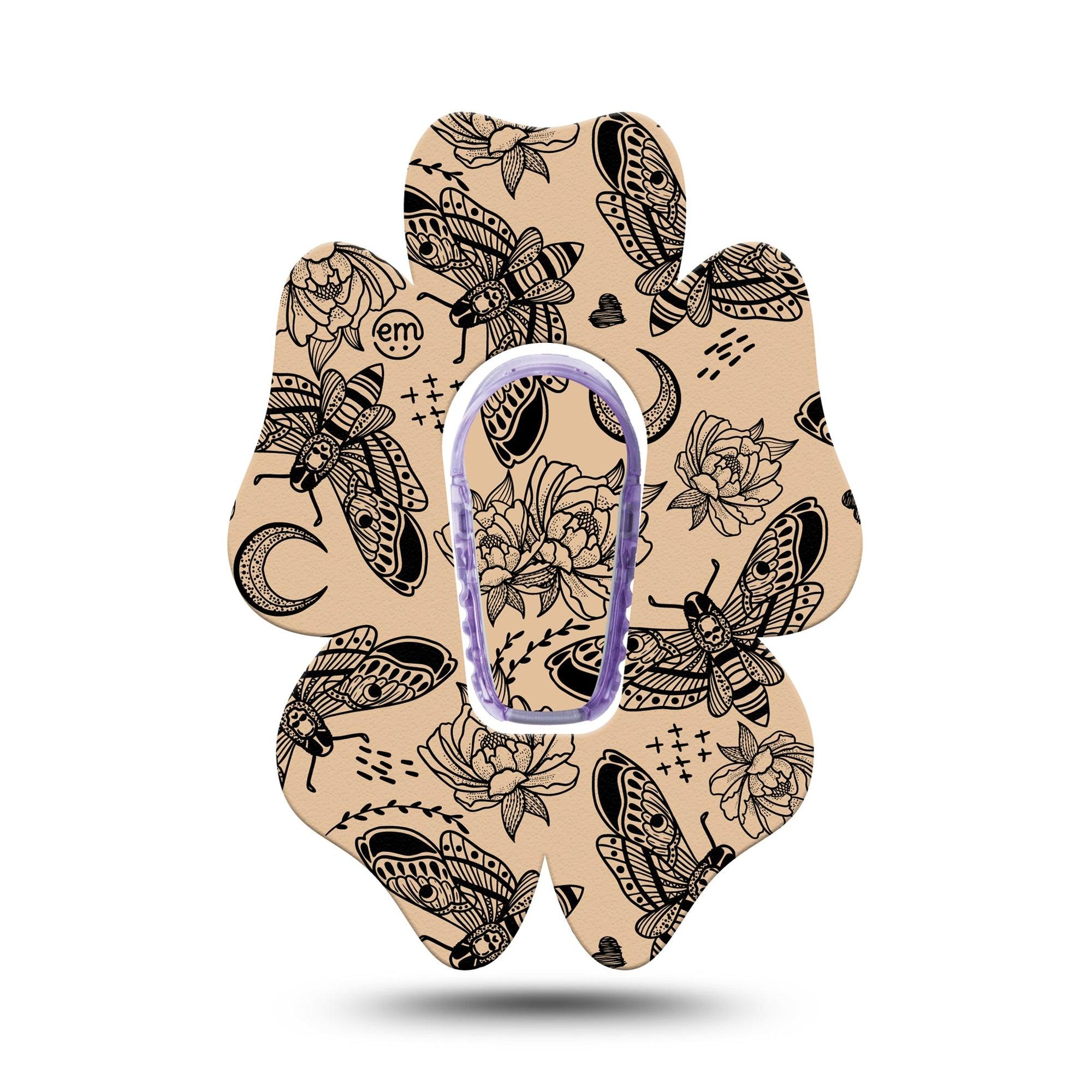 ExpressionMed Tattoo Print Dexcom G6 Flower Shape Tape Single Tape and Single Sticker Mystical Moth Pattern, Adhesive Patch Continuous Glucose Monitor Design