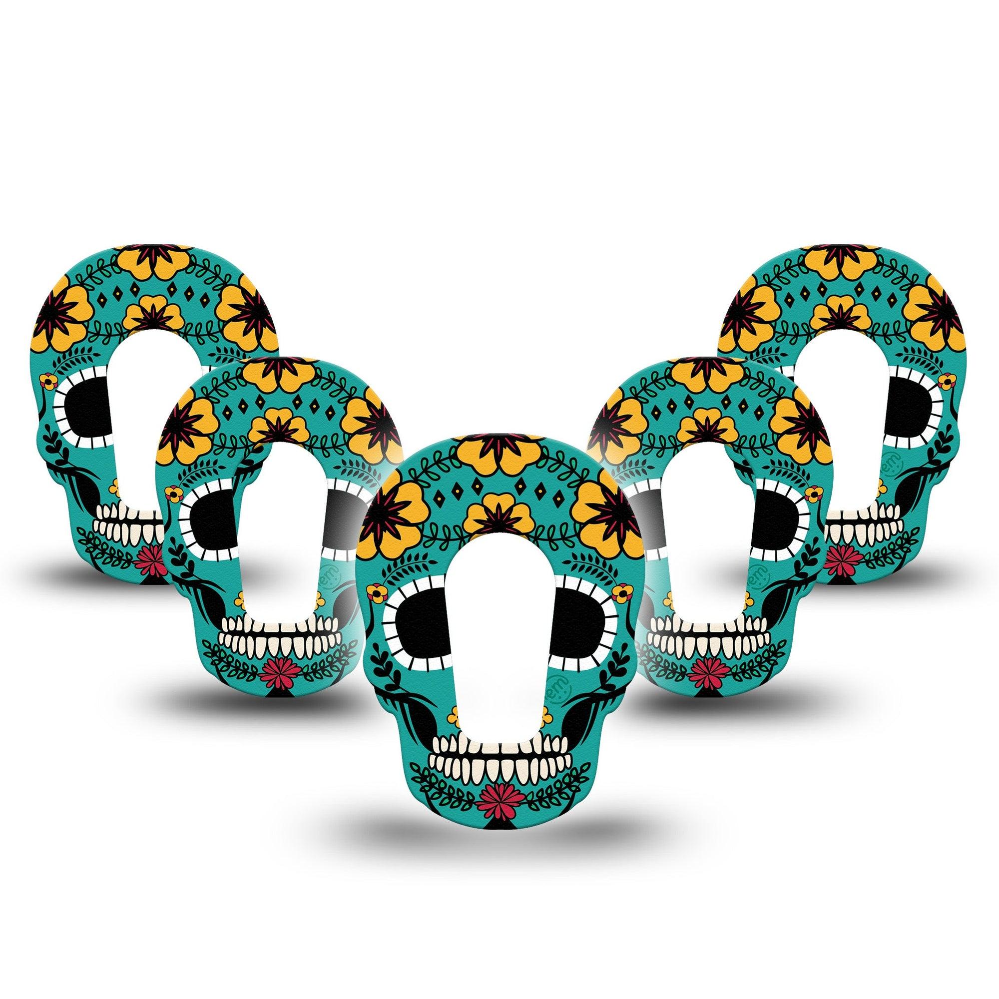 ExpressionMed Teal Skull Dexcom G6 Skull Shape Tape 5-Pack Sugar Skull Petals Plaster Continuous Glucose Monitor Design