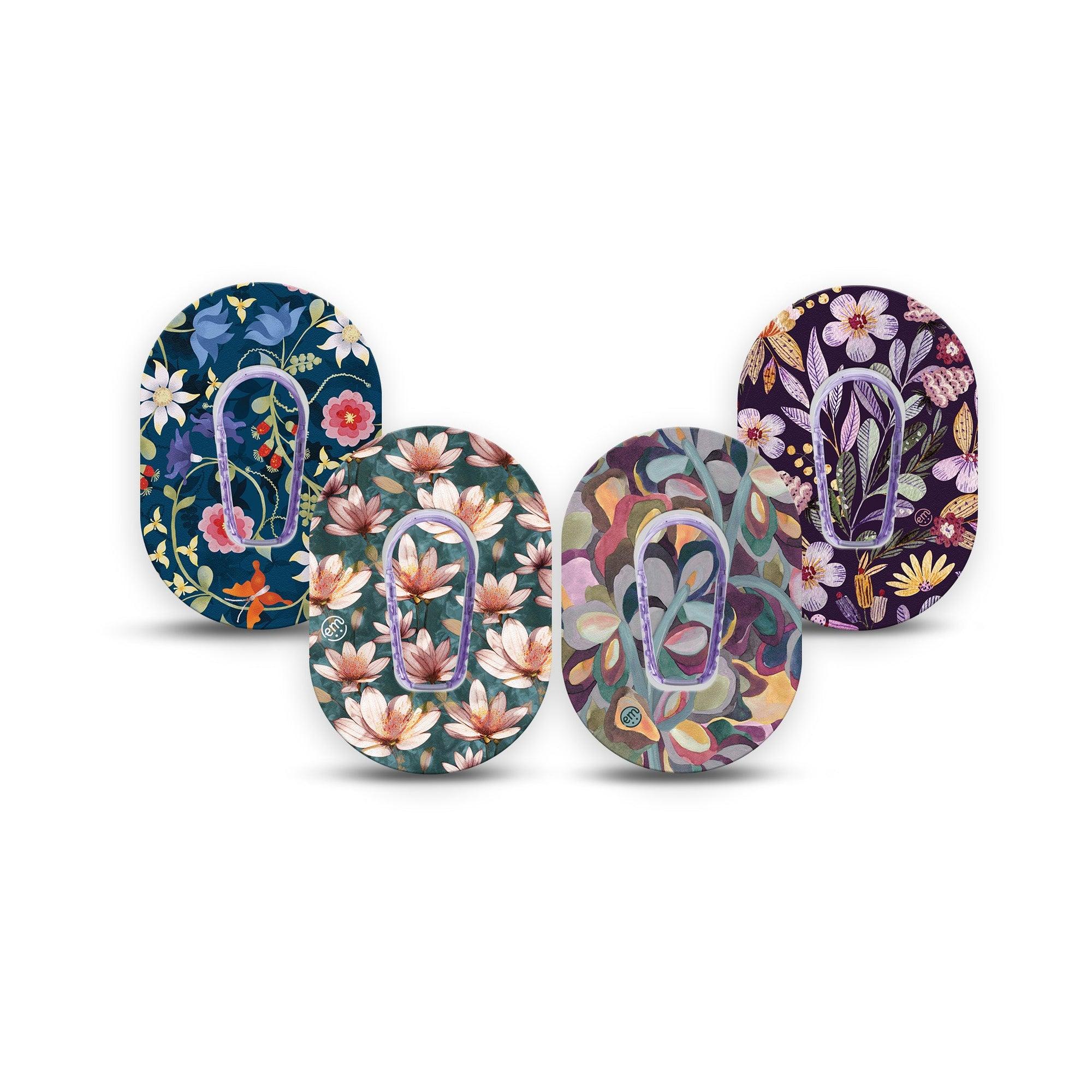 ExpressionMed Dusk Petals Variety Pack Dexcom G6 Mini Tape 4-Pack Tape and 4-Pack Sticker Variety Navy And Purple Flowery Designs Adhesive Tape CGM Design