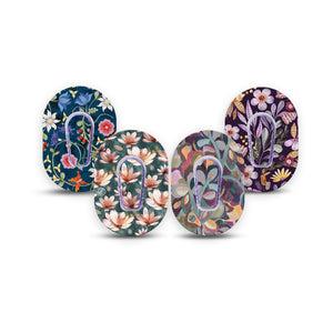 ExpressionMed Dusk Petals Variety Pack Dexcom G6 Mini Tape 4-Pack Tape and 4-Pack Sticker Variety Navy And Purple Flowery Designs Adhesive Tape CGM Design