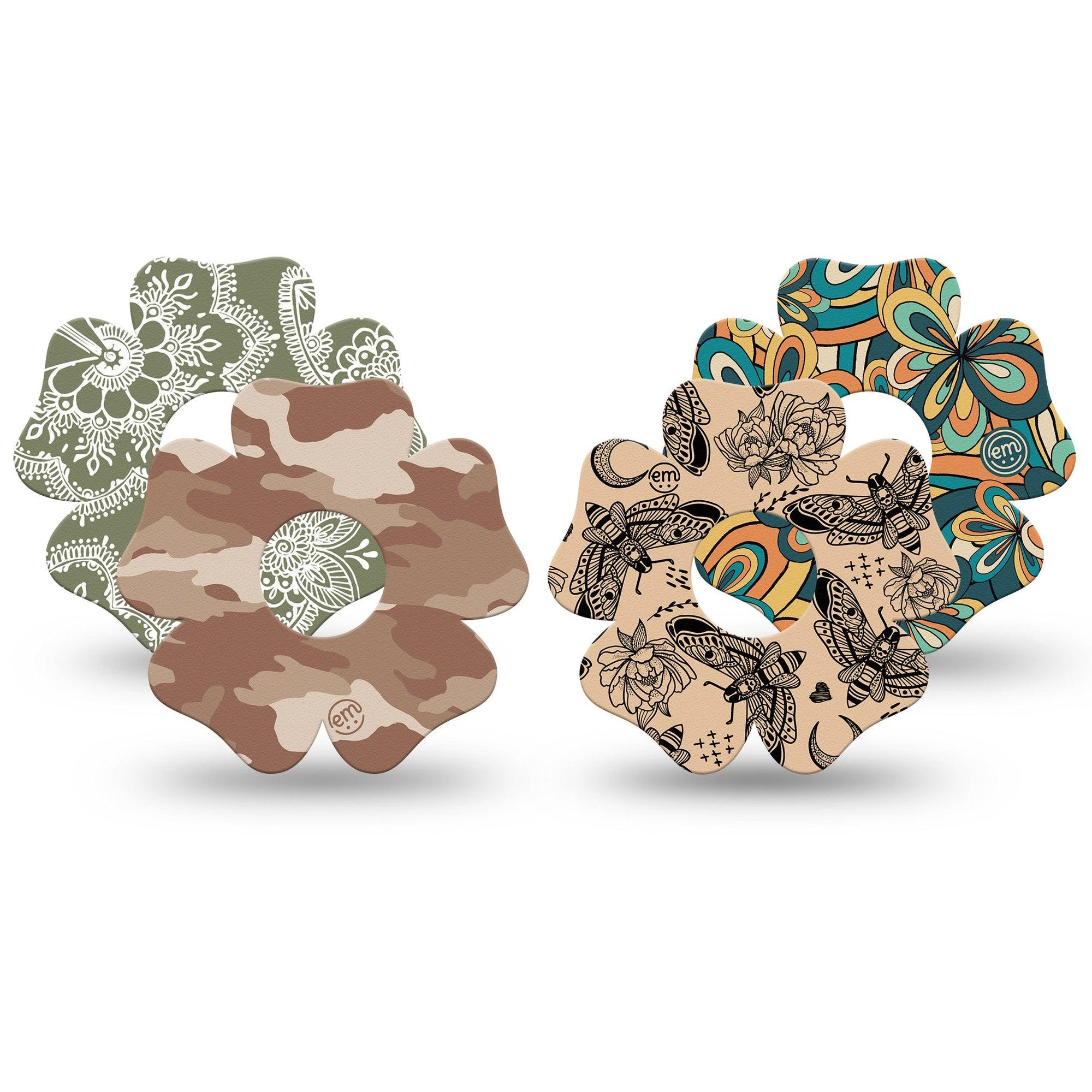 ExpressionMed Khaki Florals Variety Pack Freestyle Libre 3 and Libre 3 Plus Flower Shape Tape 4-Pack Tape Variety Camel-Toned Camo and Moth Print, Plaster CGM Design