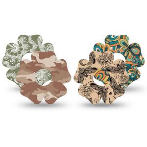 ExpressionMed Khaki Florals Variety Pack Freestyle Libre 3 and Libre 3 Plus Flower Shape Tape 4-Pack Tape Variety Camel-Toned Camo and Moth Print, Plaster CGM Design