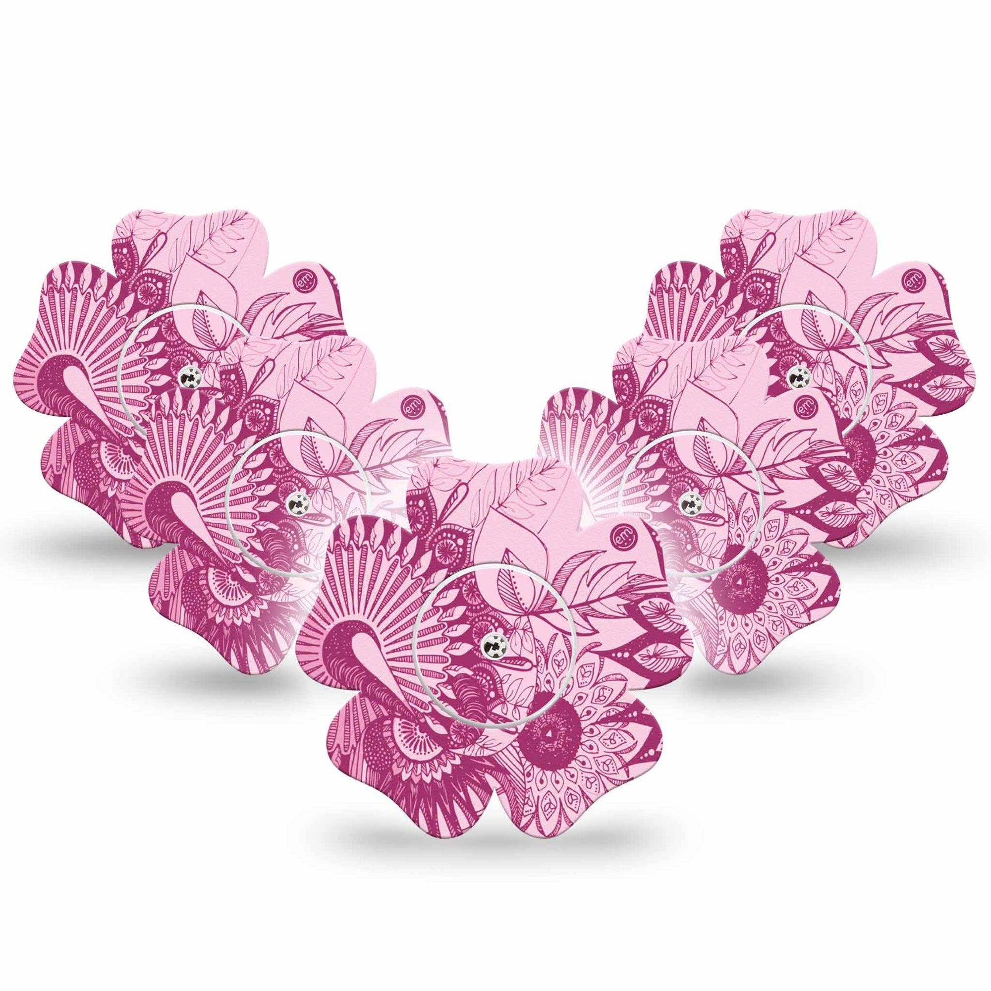 ExpressionMed Magenta Dani Freestyle Libre 2 and Libre 2 Plus Flower Shape Tape, Abbott Lingo,  5-Pack Tape and 5-Pack Sticker Magenta Design, Fixing Ring Tape CGM Design