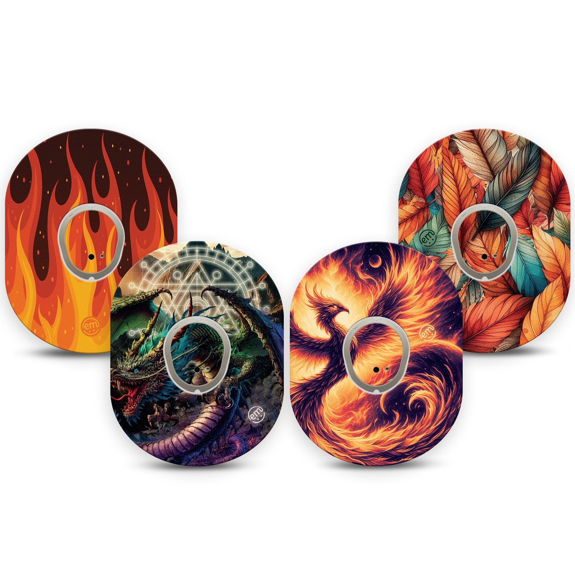 ExpressionMed Ember Rise Variety Pack Dexcom G7 Tape, Dexcom Stelo Glucose Biosensor System, 4-Pack Tape and 4-Pack Sticker Variety Winged Mythical Creatures, Overlay Tape CGM Design