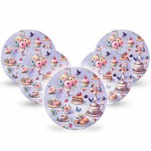 ExpressionMed Floral Tea Party Freestyle Libre and Libre 2 Plus Overpatch, Abbott Lingo, 5-Pack Tape Cute Tea Party Theme, Fixing Ring Patch CGM Design