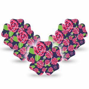 ExpressionMed Pretty Pink Roses Freestyle Libre 2 and Libre 2 Plus Flower Shape Tape, Abbott Lingo,  5-Pack Tape and 5-Pack Sticker Floral Beauty, Fixing Ring Tape CGM Design