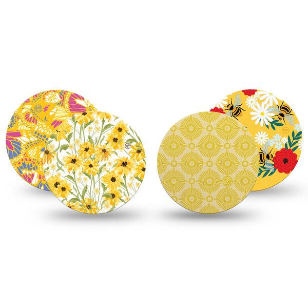 ExpressionMed Daisy Meadow Variety Pack Freestyle Libre and Libre 2 Plus Overpatch, Abbott Lingo, 4-Pack Tape Variety Yellow Butterflies and Bees, Fixing Ring Patch CGM Design