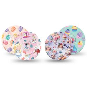 ExpressionMed Mad Hatter's Delight Variety Pack Freestyle Libre 3 and Libre 3 Plus Tape 4-Pack Tape and 4-Pack Sticker Variety Cartoon Inspired Tea Party, Adhesive Tape Continuous Glucose Monitor Design