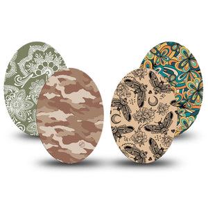 ExpressionMed Khaki Florals Variety Pack Medtronic Guardian Enlite Universal Oval 4-Pack Tape Variety Edgy Earth Tone Patterns, Plaster CGM Design
