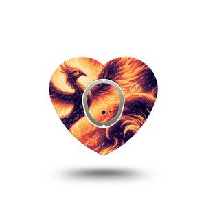 ExpressionMed Rising Phoenix Dexcom G7 Heart Shape Tape, Dexcom Stelo Glucose Biosensor System, Single Tape and Single Sticker Fire Rising Phoenix, Overlay Patch CGM Design