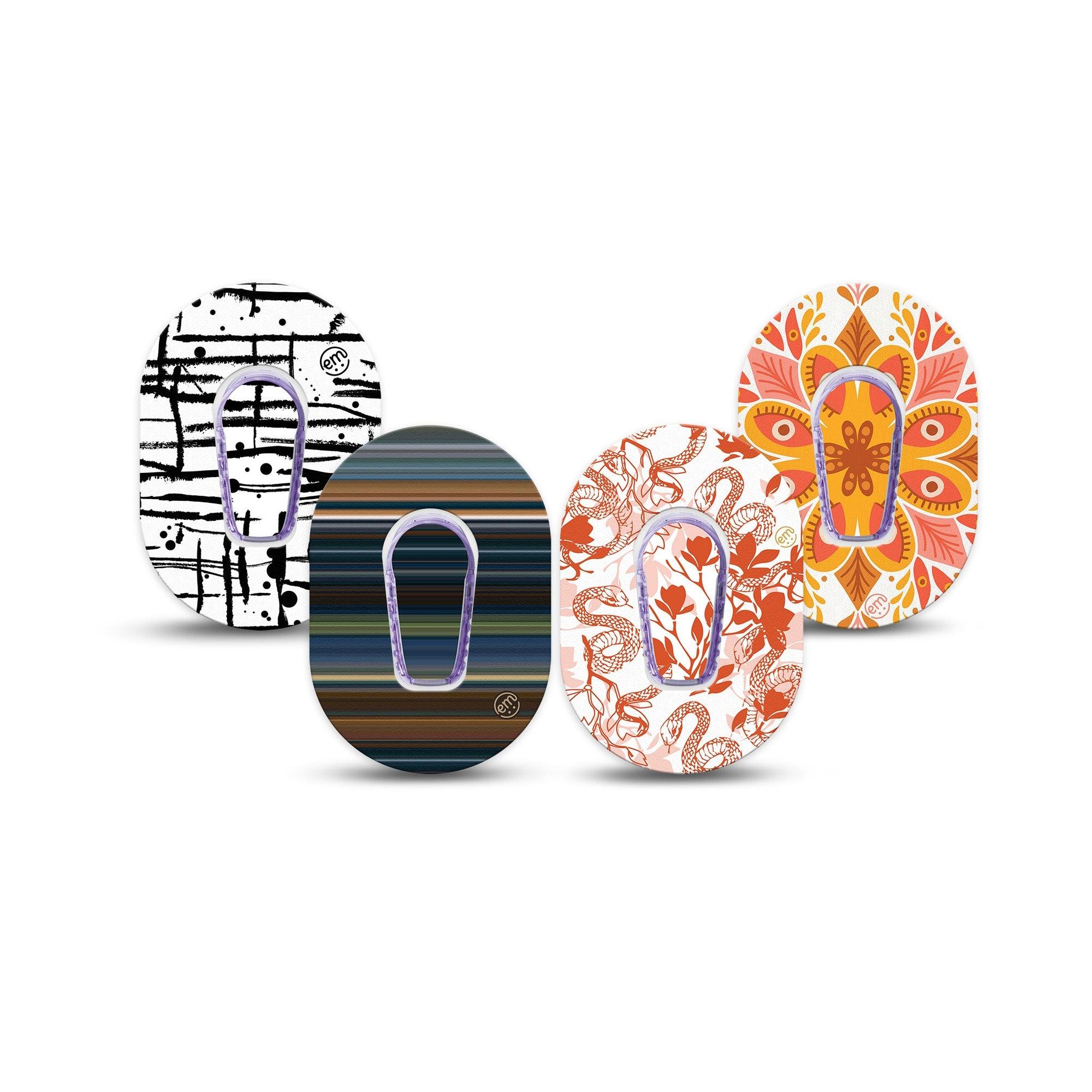 ExpressionMed Earthbound Heat Variety Pack Dexcom G6 Mini Tape 4-Pack Tape and 4-Pack Sticker Warm And Cool Toned Designs, Adhesive Tape CGM Design