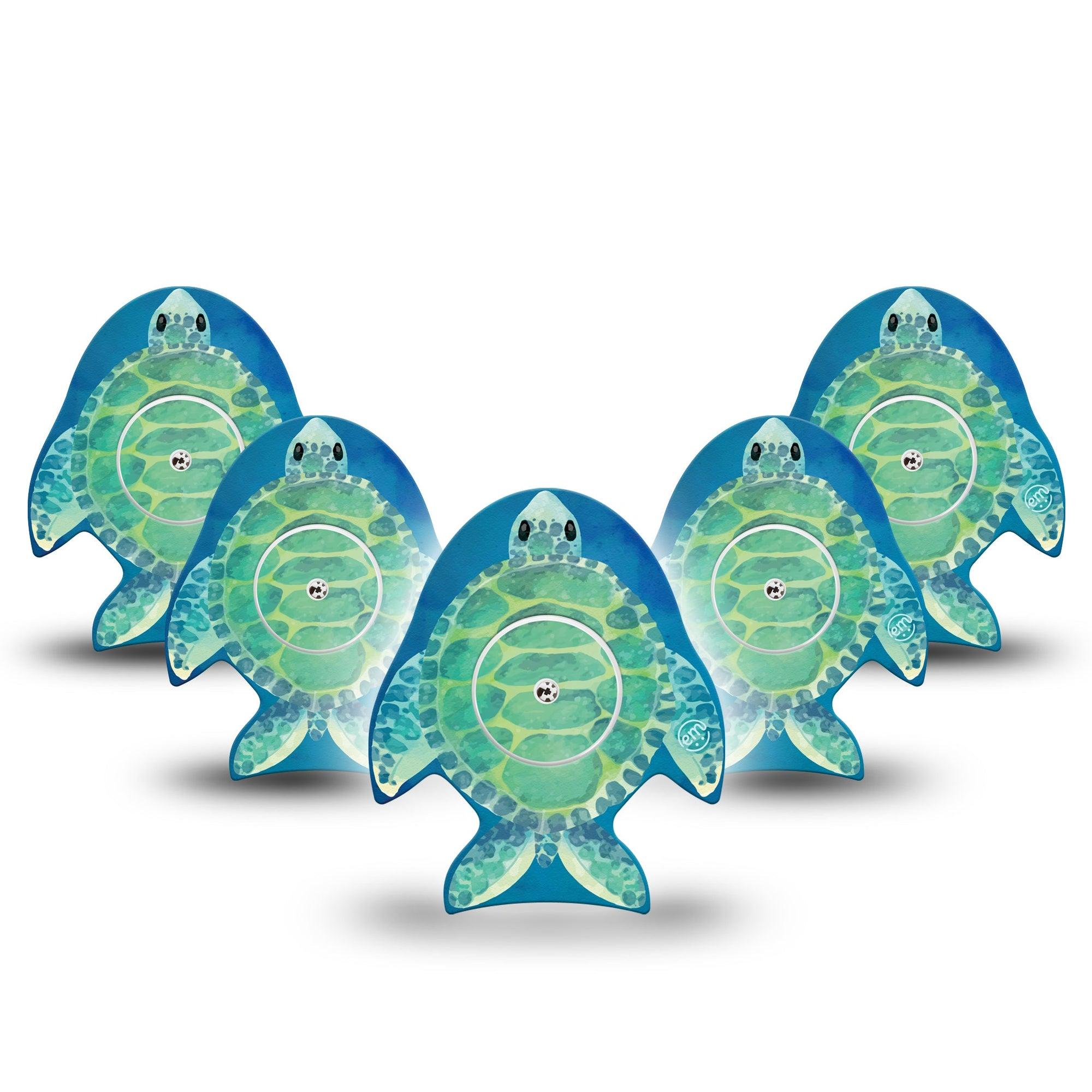 ExpressionMed Watercolor Turtle Freestyle Libre 2 Evolve Shape Tape, Abbott Lingo, 5-Pack Tape and 5-Pack Sticker Green Sea Turtle, Plaster Continuous Glucose Monitor Design