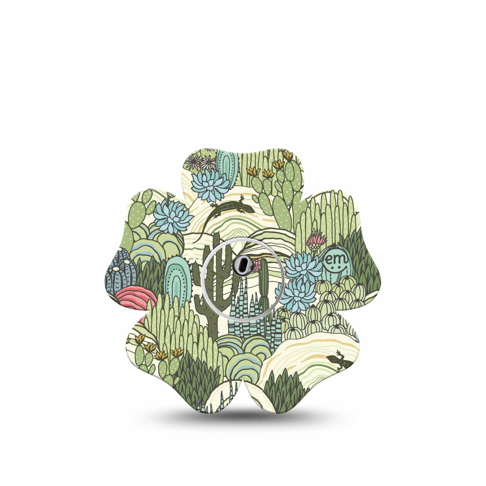 ExpressionMed Cactus Freestyle Libre 3 and Libre 3 Plus Flower Shape Tape Single Tape and Single Sticker Green Teal Cactus Plants And Flowers, Plaster CGM Design