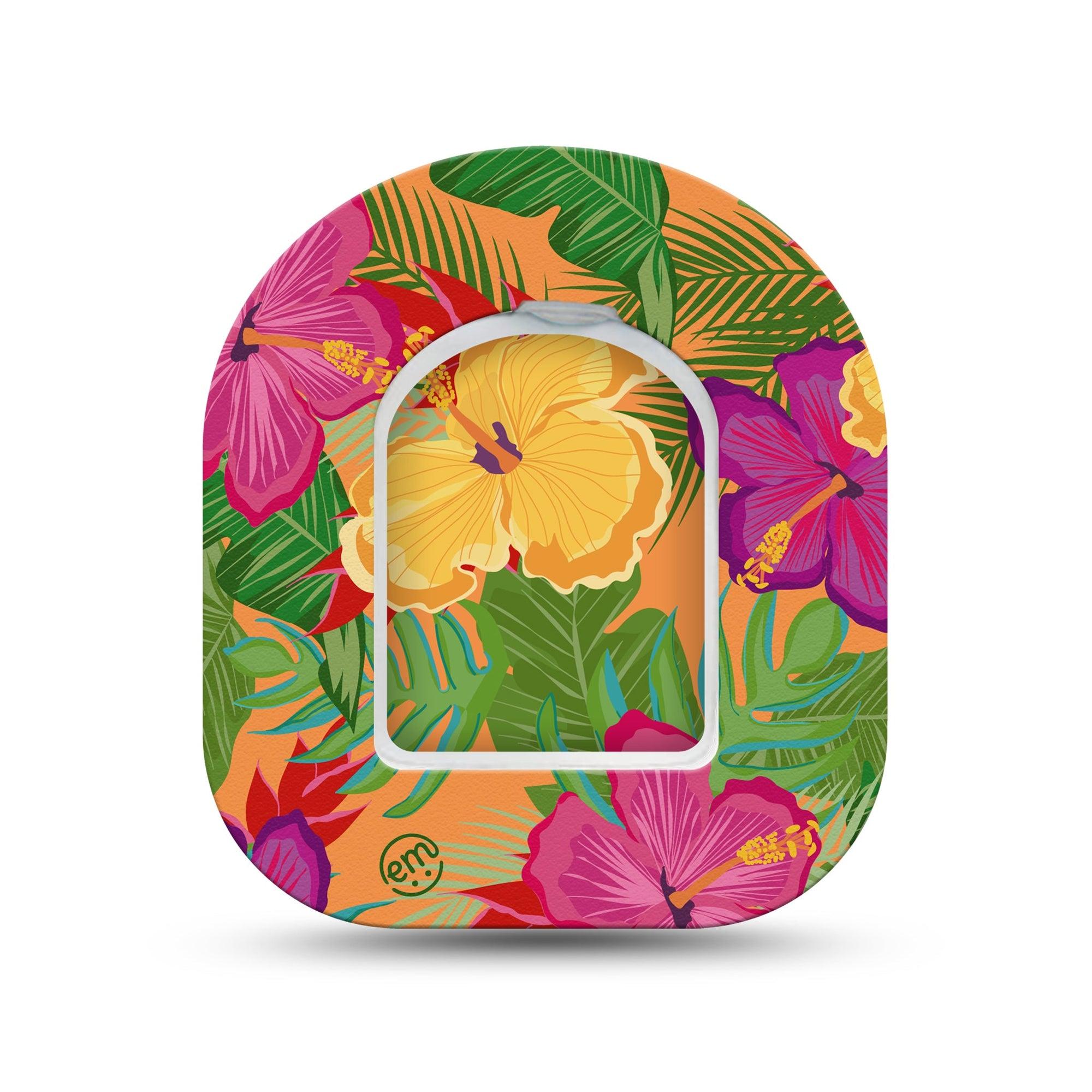 ExpressionMed Bright Hibiscus Omnipod Surface Center Sticker and Mini Tape Colorful Hibiscus Inspired Vinyl Sticker and Tape Design Pump Design