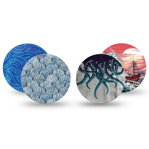 ExpressionMed Ocean Odyssey Variety Pack Freestyle Libre and Libre 2 Plus Overpatch, Abbott Lingo, 4-Pack Tape Variety Unique Ocean Prints, Fixing Ring Patch CGM Design