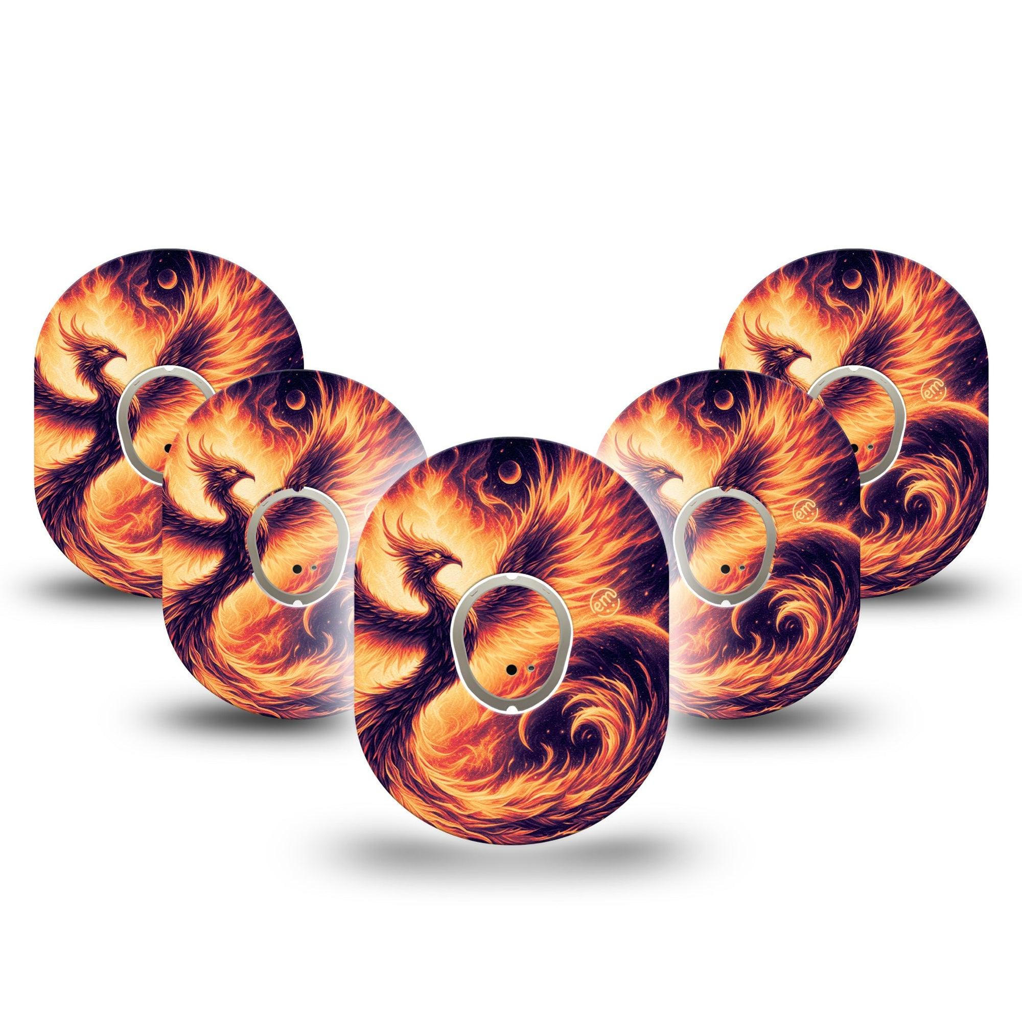 ExpressionMed Rising Phoenix Dexcom G7 Tape, Dexcom Stelo Glucose Biosensor System, 5-Pack Tape and 5-Pack Sticker Mythical Firebird, Overlay Tape CGM Design