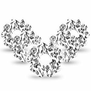 ExpressionMed Custom Black and White Floral Freestyle Libre 3 and Libre 3 Plus Flower Shape Tape 5-Pack Tape Floral Customization Overlay Tape CGM Design