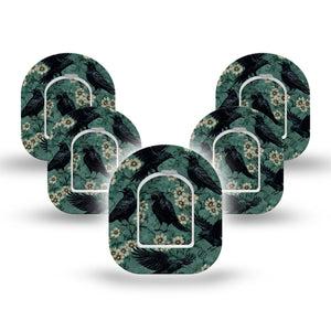 ExpressionMed Crows Omnipod Mini, 5-Pack Tape and 5-Pack Sticker raven flower design Waterproof Plaster For Insulin Pump