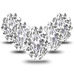 ExpressionMed Custom Black and White Floral Dexcom G6 Flower Shape Tape 5-Pack Tape and 5-Pack Sticker Artistic Florals Adhesive Patch Continuous Glucose Monitor Design