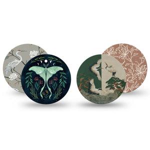 ExpressionMed Earth Tones Freestyle Libre, Libre 2 Plus, and Abbott Lingo OverPatch, 4-Pack Tape Elegant swans and moth print Fixing Ring Patch for Continuous Glucose Monitor