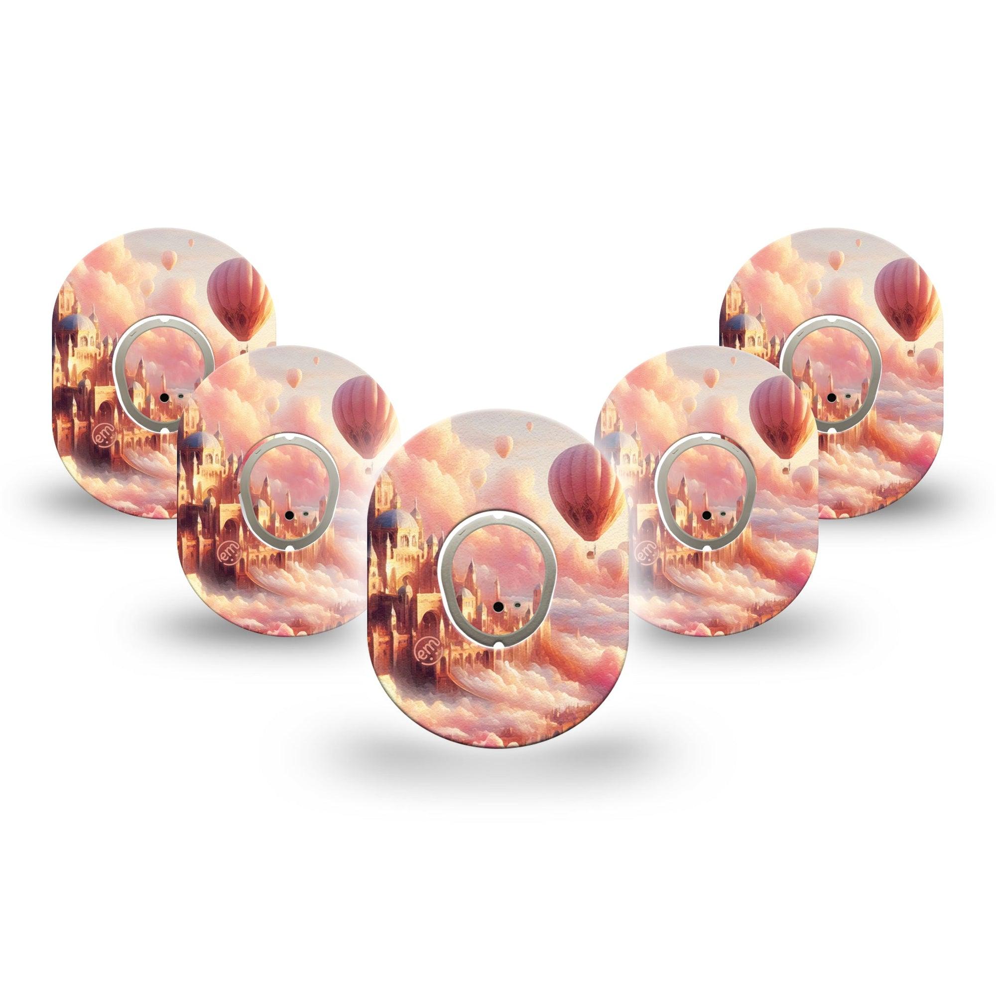 ExpressionMed Dreamy Skies Dexcom G7 Mini Tape, Dexcom Stelo Glucose Biosensor System, 5-Pack Tape and 5-Pack Sticker Ethereal Hot Air Balloons, Patch Continuous Glucose Monitor Design