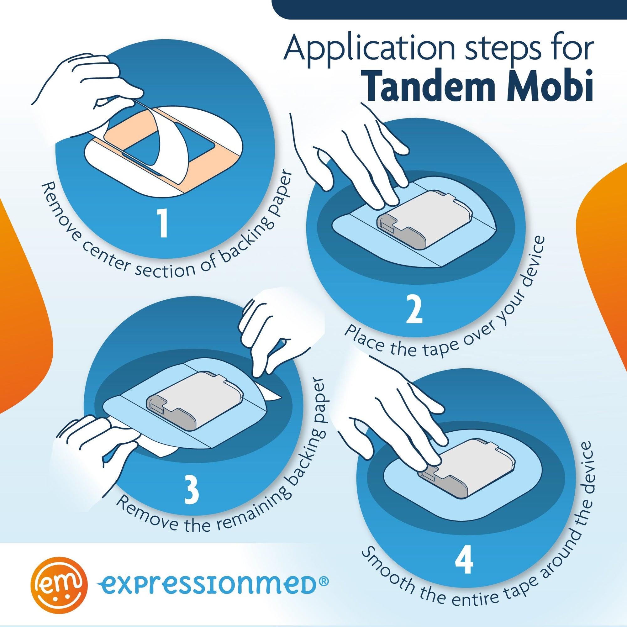 ExpressionMed Application Instructions. 1. Prep skin with soap and water. 2. Remove Middle Section and lay center hole over device. 3. Peel off both end sections and smooth down on skin. To remove, hold an edge and stretch material off skin.