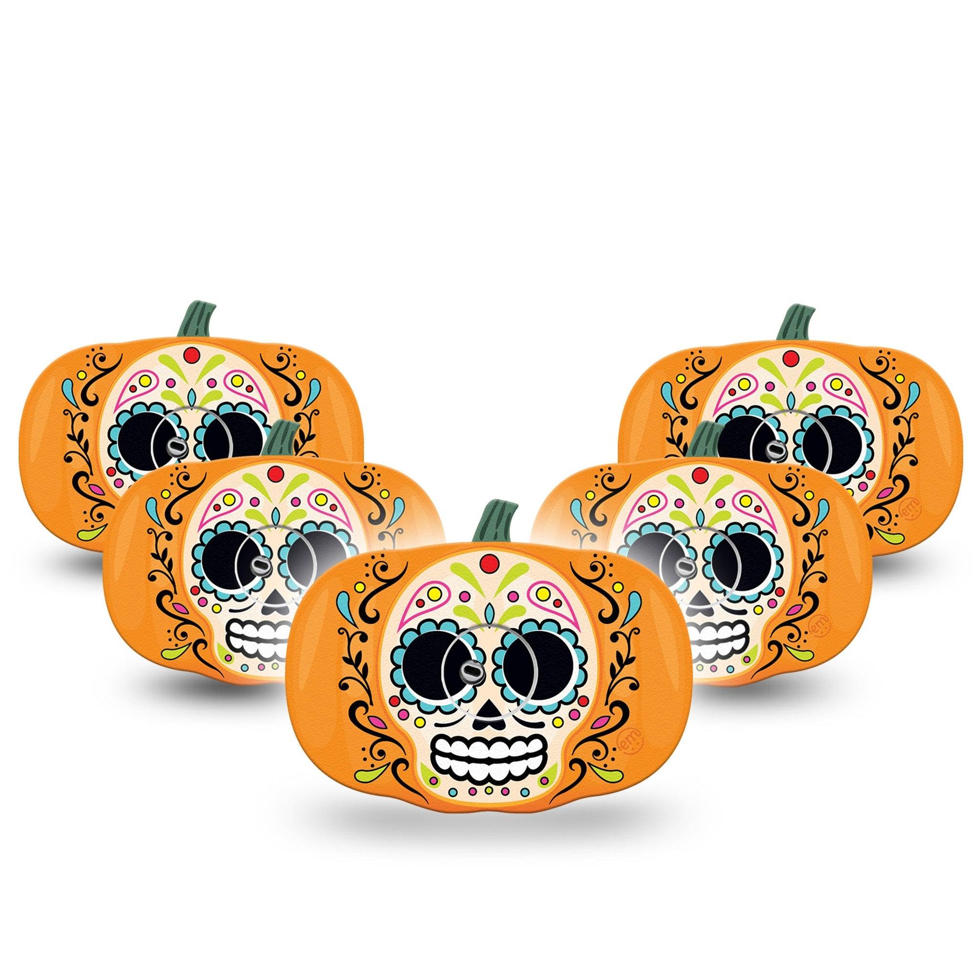 ExpressionMed Sugar Skull Pumpkin Freestyle Libre 3 Pumpkin Shape Tape 5-Pack Tape and 5-Pack Sticker Skull Floral Face Pumpkin Patch CGM Design