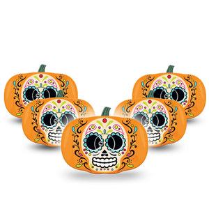 ExpressionMed Sugar Skull Pumpkin Freestyle Libre 3 Pumpkin Shape Tape 5-Pack Tape and 5-Pack Sticker Skull Floral Face Pumpkin Patch CGM Design