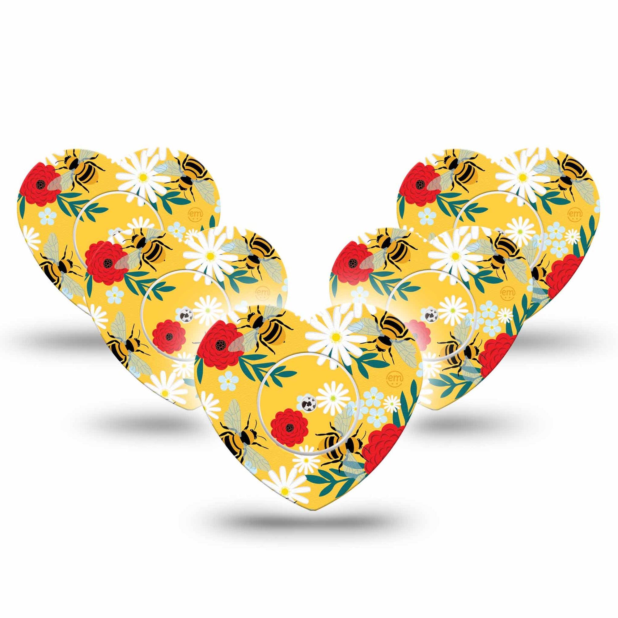 ExpressionMed Bees and Flowers Freestyle Libre 2 and Libre 2 Plus Heart Shape Tape, Abbott Lingo, 5-Pack Tape and 5-Pack Sticker Vibrant Garden Plaster CGM Design