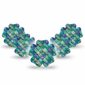 ExpressionMed Mermaid Scales Freestyle Libre 3 and Libre 3 Plus Flower, 5-Pack Tape and 5-Pack Sticker fantasy sea pattern Waterproof Plaster for Continuous Glucose Monitor