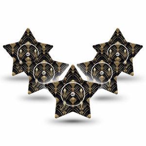 ExpressionMed Midnight Deco Freestyle Libre, Libre 2 Plus, and Abbott Lingo Star, 5-Pack Tape and 5-Pack Sticker Sleek gold print Waterproof Sensor Cover for Continuous Glucose Monitor