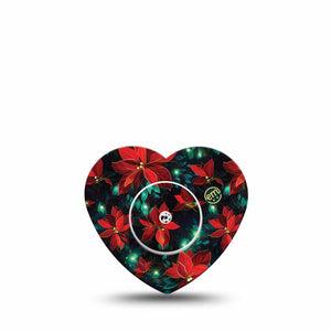 ExpressionMed Christmas Floral Freestyle Libre 2 and Libre 2 Plus Heart Shape Tape, Abbott Lingo, Single Tape and Single Sticker Red Florals and Lights, Adhesive Patch CGM Design
