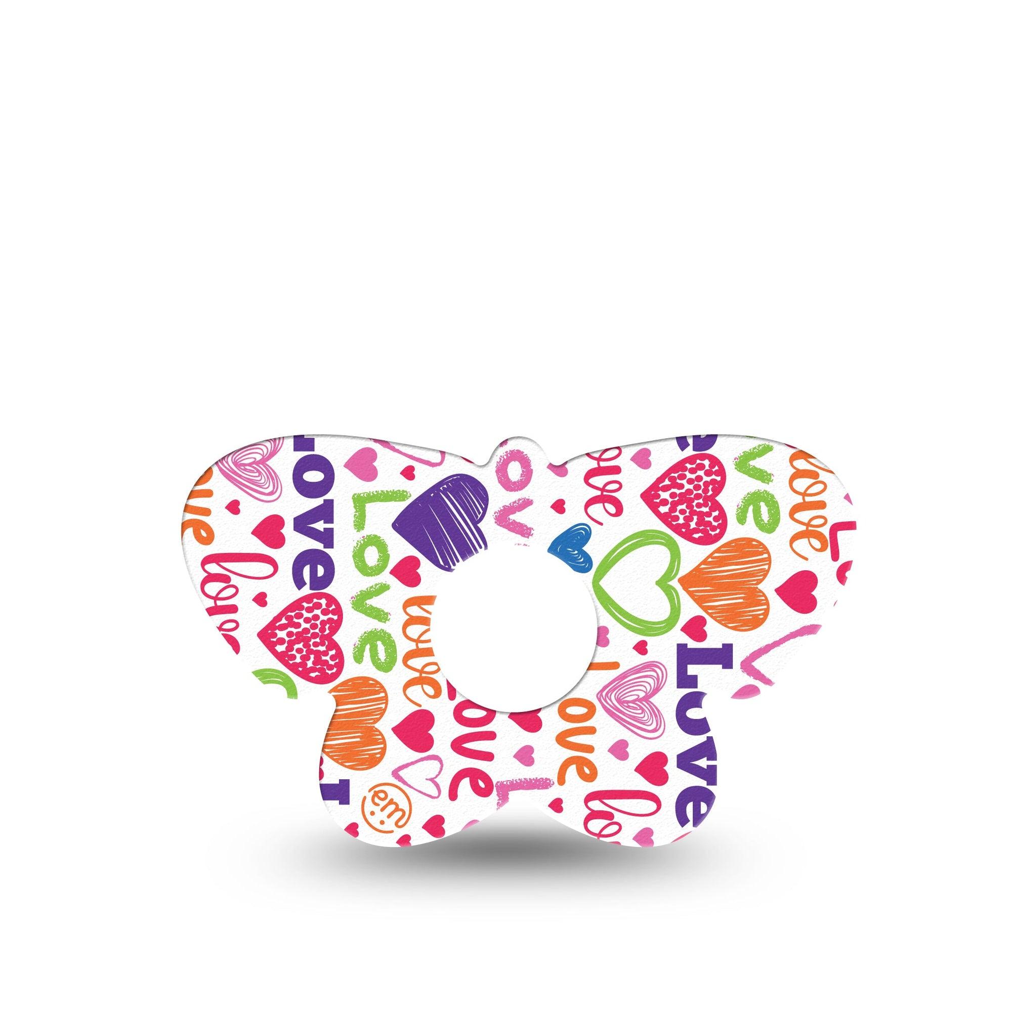 ExpressionMed Abundance of Love Freestyle Libre 3 Butterfly Shape Tape Single Tape Crayon Drawn Hearts, Overlay Patch CGM Design