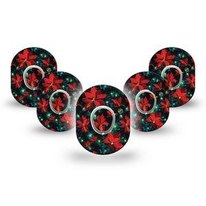 ExpressionMed Christmas Floral Dexcom G7 Mini Tape, Dexcom Stelo Glucose Biosensor System, 5-Pack Tape and 5-Pack Sticker Red Florals and Lights, Patch Continuous Glucose Monitor Design