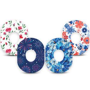 ExpressionMed Red, White & Bloom Variety Pack Dexcom G7 Tape, Dexcom Stelo Glucose Biosensor System, 4-Pack Tape Variety Patriotic Fireworks and Flowers, Overlay Tape CGM Design