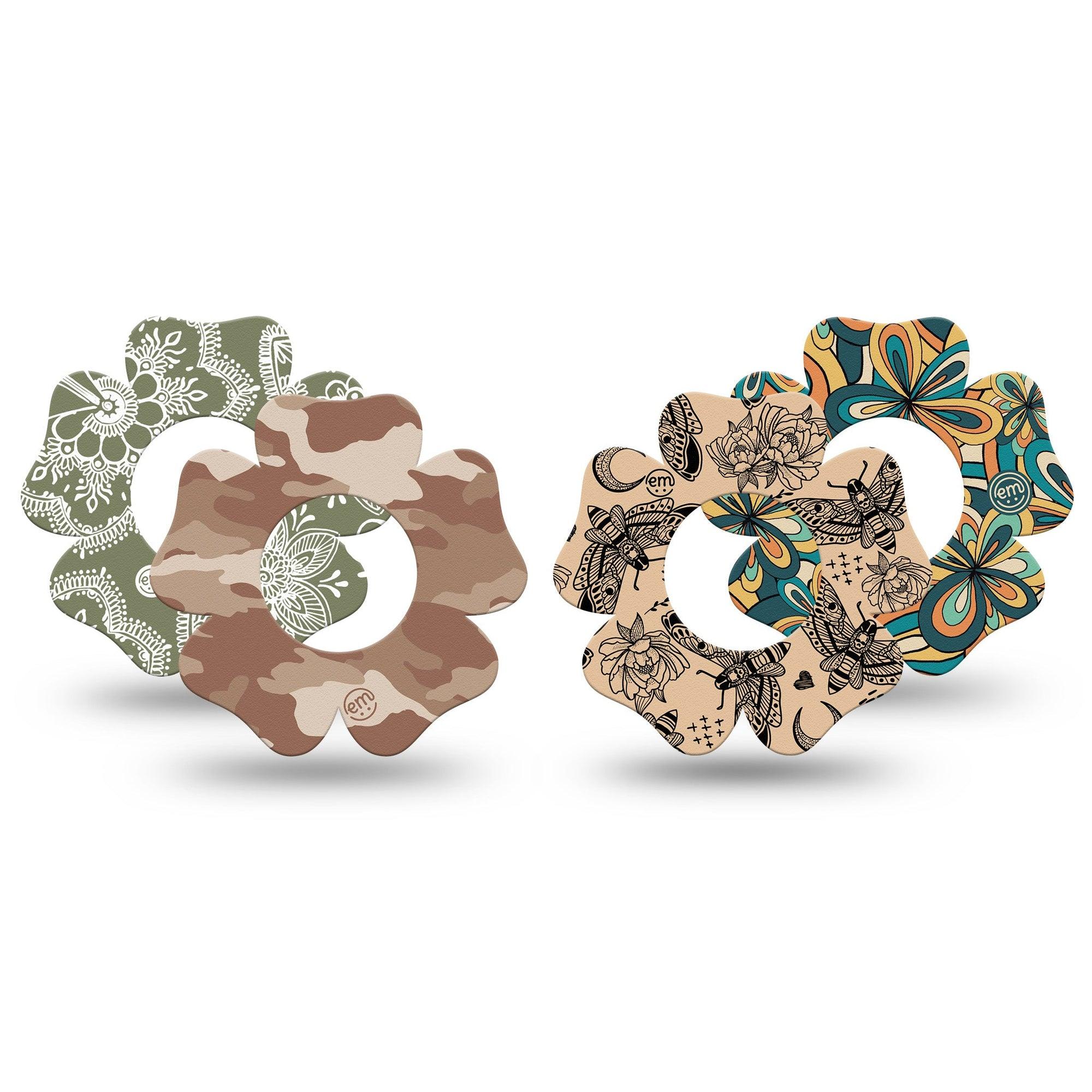 ExpressionMed Khaki Florals Variety Pack Freestyle Libre 2 and Libre 2 Plus Flower Shape Tape, Abbott Lingo,  4-Pack Tape Variety Edgy Earth Tone Patterns, Fixing Ring Tape CGM Design