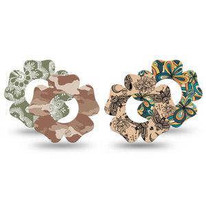 ExpressionMed Khaki Florals Variety Pack Freestyle Libre 2 and Libre 2 Plus Flower Shape Tape, Abbott Lingo,  4-Pack Tape Variety Edgy Earth Tone Patterns, Fixing Ring Tape CGM Design