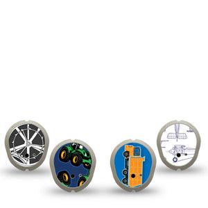 ExpressionMed Mighty Machines Variety Pack Dexcom G7 Sticker, Dexcom Stelo Glucose Biosensor System, 4-Pack Sticker Variety Trucks and Planes, Vinyl Decoration Continuous Glucose Monitor Design