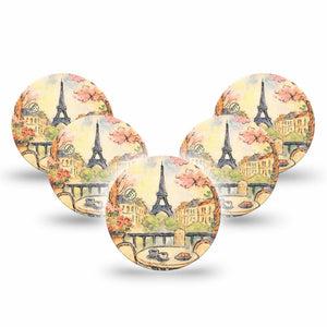 ExpressionMed Café Terrace Freestyle Libre 3 and Libre 3 Plus OverPatch, 5-Pack Watercolor eiffel tower Plaster for Continuous Glucose Monitor