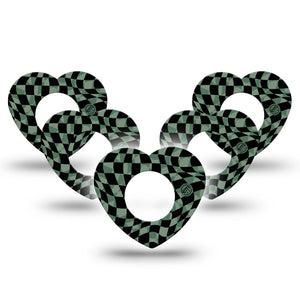 ExpressionMed Green & Black Checkerboard Freestyle Libre 2 Heart Shape Tape, Abbott Lingo,  5-Pack Chessboard Scheme Adhesive Patch CGM Design