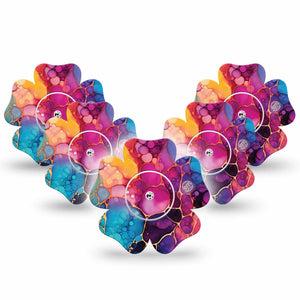 ExpressionMed Rainbow Ink Freestyle Libre, Libre 2 Plus, and Abbott Lingo Flower, 5-Pack Tape and 5-Pack Sticker Blended color strokes Waterproof Plaster for Continuous Glucose Monitor