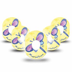 ExpressionMed Marvelous Dragonfly Dexcom G7 Tape, Dexcom Stelo Glucose Biosensor System, 5-Pack Tape Yellow And Purple Dragonflies, Overlay Tape CGM Design