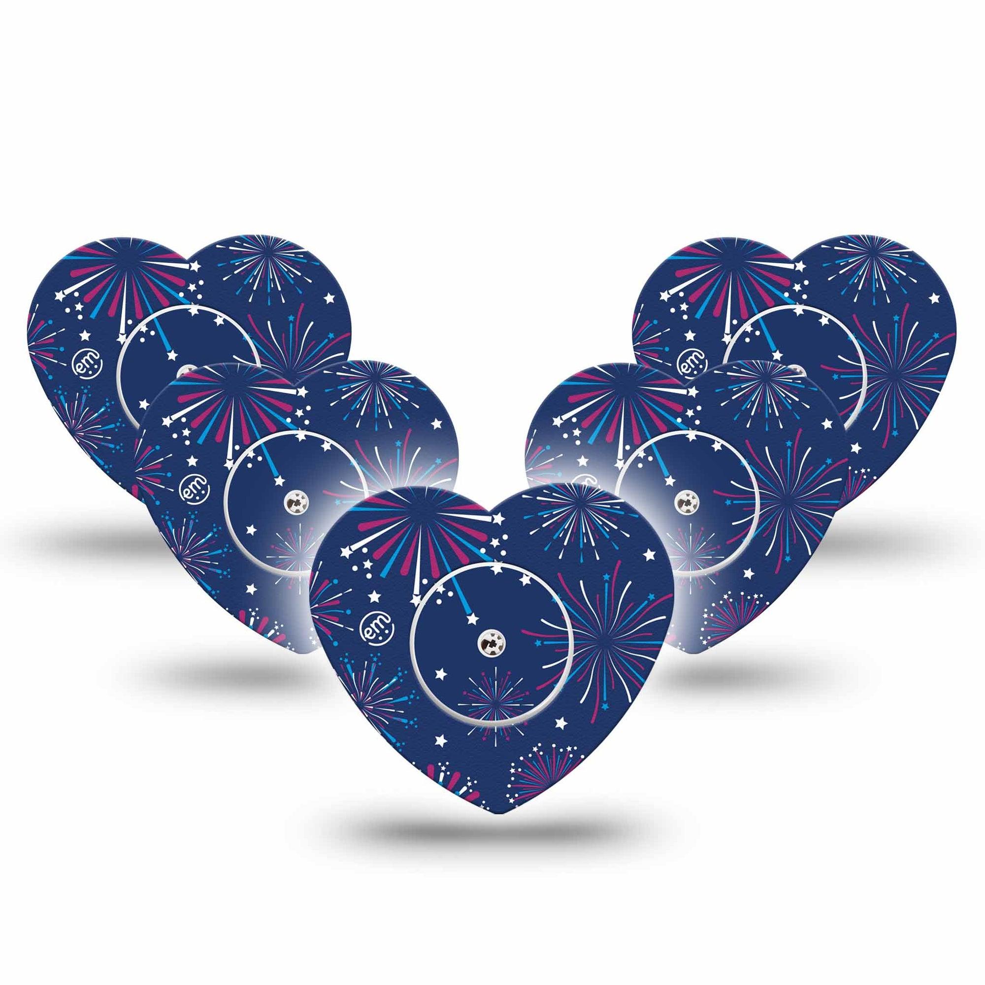 ExpressionMed Night Sky Celebration Freestyle Libre 2 Heart Shape Tape, Abbott Lingo,  5-Pack Tape and 5-Pack Sticker Radiant Fireworks Adhesive Patch CGM Design