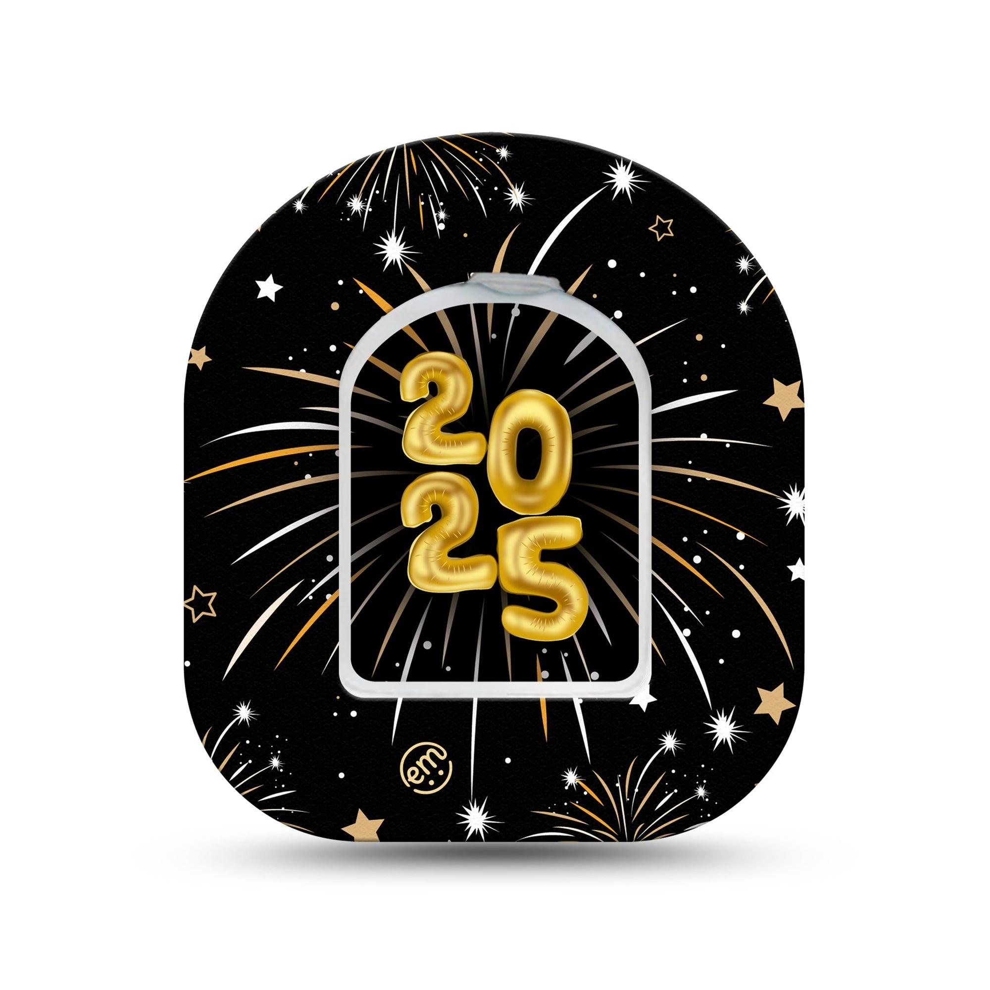 ExpressionMed New Years Fireworks Omnipod Mini Tape Single Tape and Single Sticker Gold Black Fireworks, Adhesive Tape Pump Design