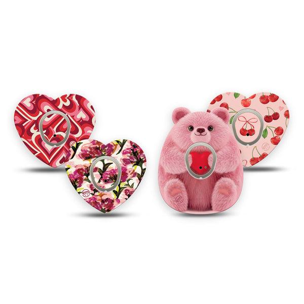 ExpressionMed Bear Hugs Dexcom G7 and Dexcom Stelo Glucose Biosensor System Heart, 4-Pack Tape and 4-Pack Sticker, Pinks and reds Vinyl Decoration for CGM